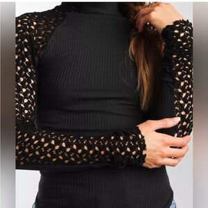 Free People Black Lace Sleeve Blouse
